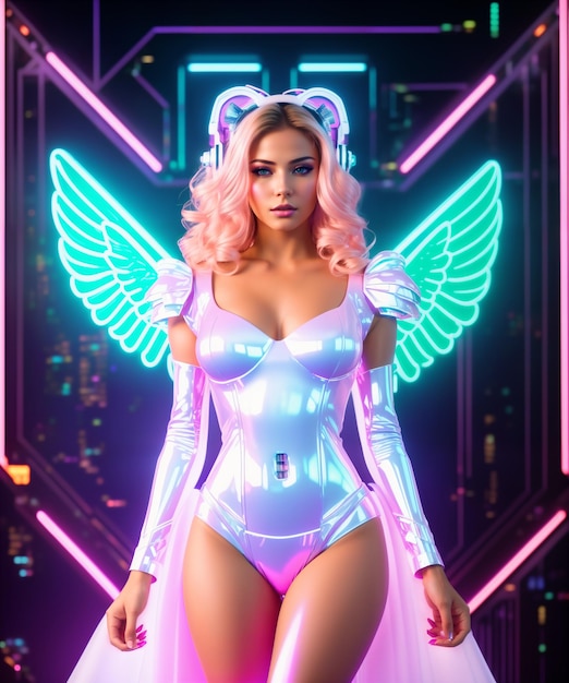 beautiful sexy woman with pink hair in bodysuit with glowing neon angel wings posing over night city