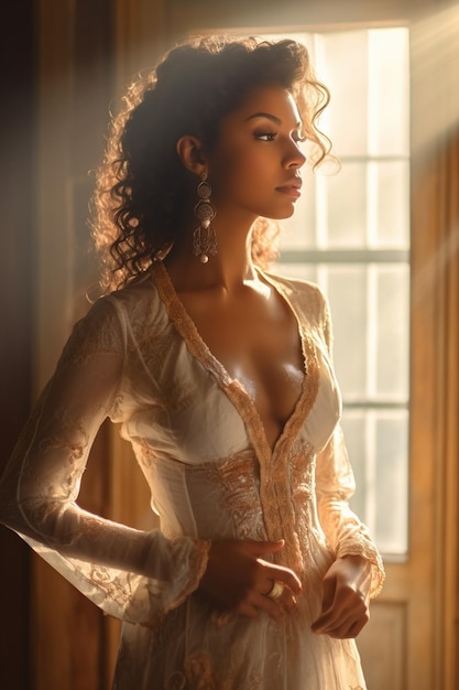 寝室で白いランジェリーを着た美しくセクシーな若い大人の官能的なブルネットの女性