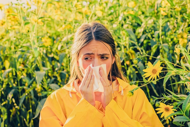 Beautiful sexy young woman lies on flowers. Young girl sneezing and holding paper tissue