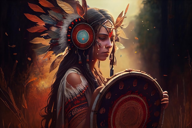 beautiful shamanic girl playing on shaman frame drum in the natu High quality illustration