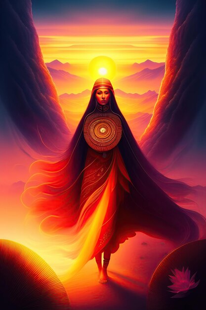 Beautiful shamanic woman evoking the spirits of nature in a lovely sunset scenery