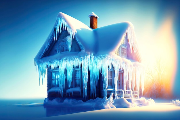 Beautiful shiny in dawn rays of sun house with icicle on house