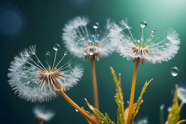 Beautiful shiny dew water drop on dandelion seed in nature macro Soft selective focus sparkling bokeh Dark blue green background