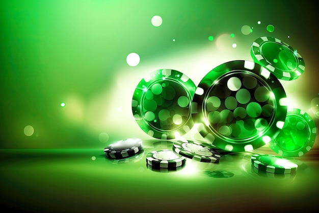 Beautiful shiny green gambling chips and casino elements background generative ai