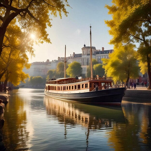 Photo beautiful ship on the river downtown on a sunny day