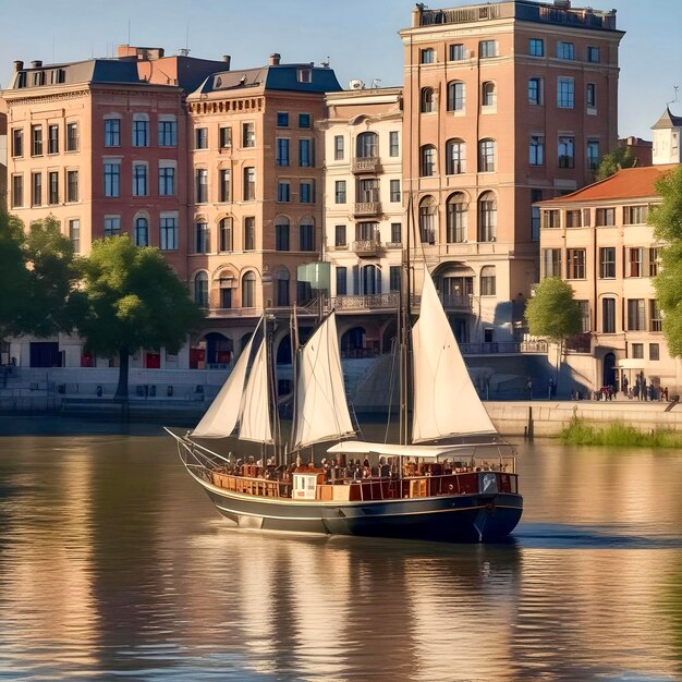 Photo beautiful ship on the river downtown on a sunny day