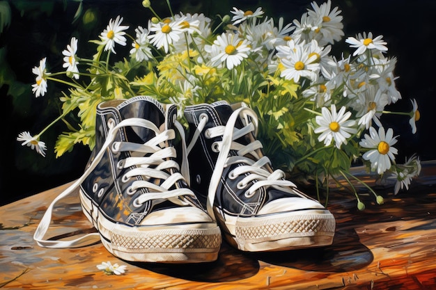 Beautiful shoes with flowers on summer field