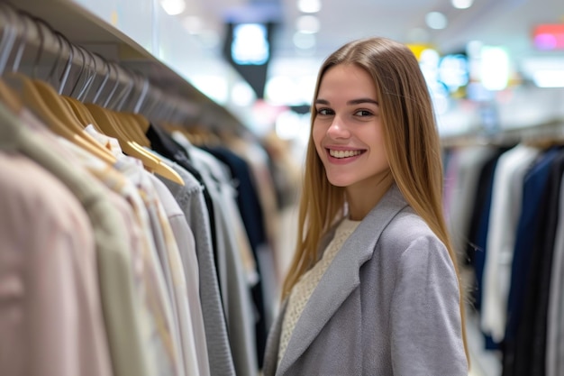 The beautiful shop assistant in the mall is introducing the latest fashion suit to the customers