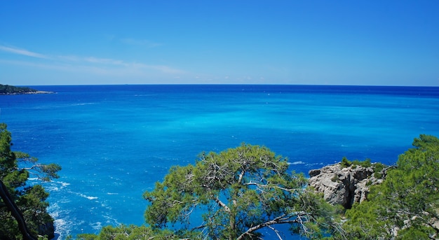 Beautiful shoreline with blue water in mediterranean sea in Turkey