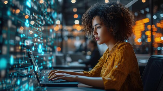 A beautiful short project manager working on a computer