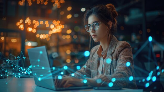 A beautiful short project manager working on a computer