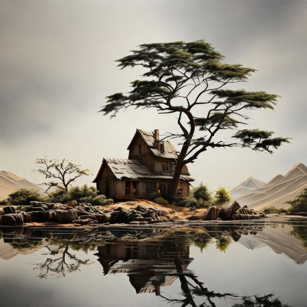 Photo a beautiful shot of an abandoned house with a lake on the shorea beautiful shot of an abandoned