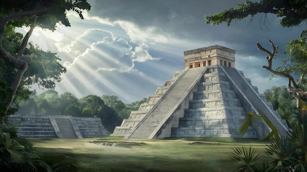 Beautiful shot of the chichen itza with cloudy sky