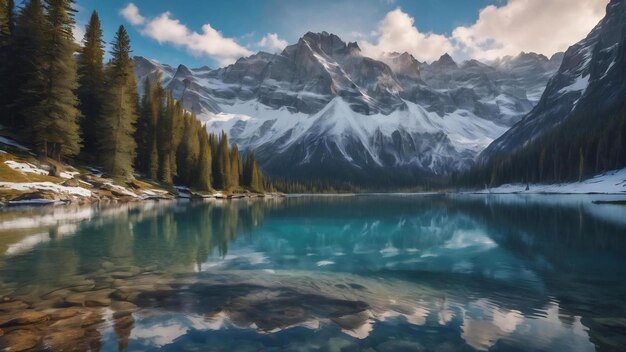晴れた日,雪が積もった山の底辺の水晶のように澄んだ湖の美しい写真