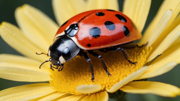 Foto una bellissima foto di una curiosa coccinella che esamina i dettagli intricati di una margherita colorata e il suo nero