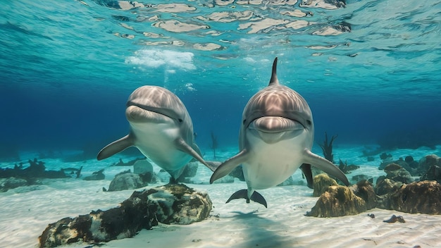 Beautiful shot of cute dolphins hanging out underwater in bimini bahamas