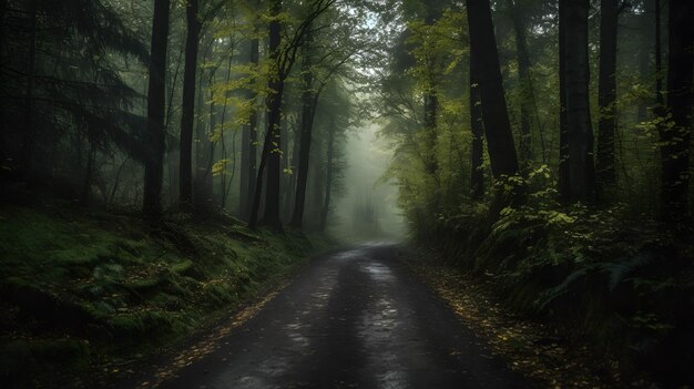 A beautiful shot of a forest surrounded by trees in the forest during the mist Generative AI