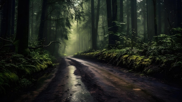 Красивый снимок леса, окруженного деревьями в лесу во время тумана Генеративный ИИ