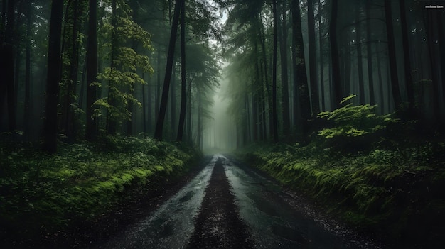 A beautiful shot of a forest surrounded by trees in the forest during the mist Generative AId