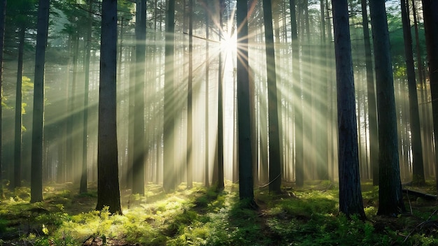 Beautiful shot of a forest with tall trees and bright sun rays shining