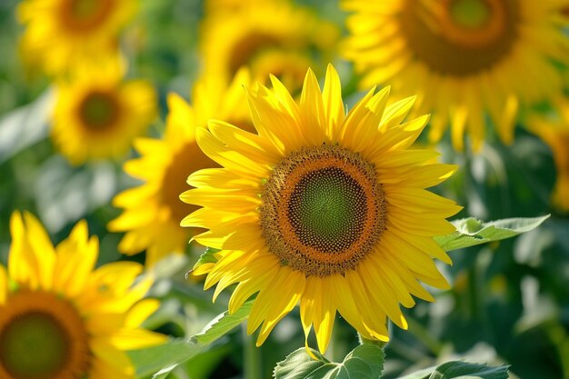 Beautiful shot of fresh sunflowers growing straightly in the field