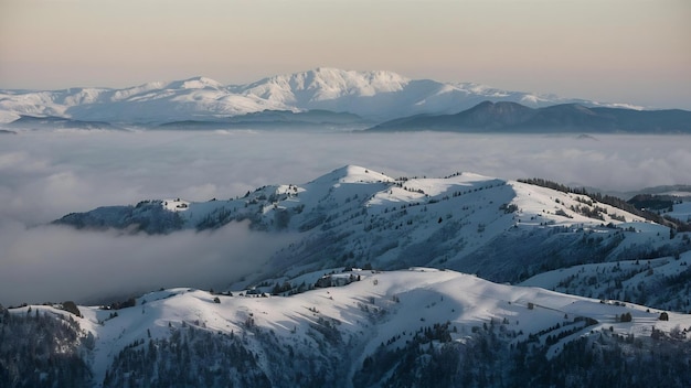 Beautiful shot of high white hilltops and mountains covered in fog