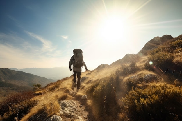 Beautiful shot of Hiker goes against sky and sun generative AI