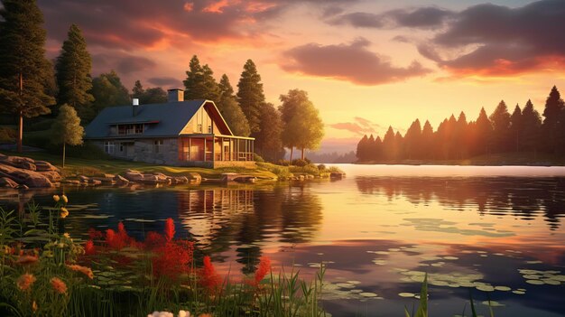 Beautiful shot of a lake dreamy rural house golden hour sunset Peaceful landscapes