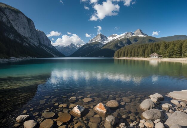 Красивый снимок вида на озеро с созданным искусственным интеллектом гор