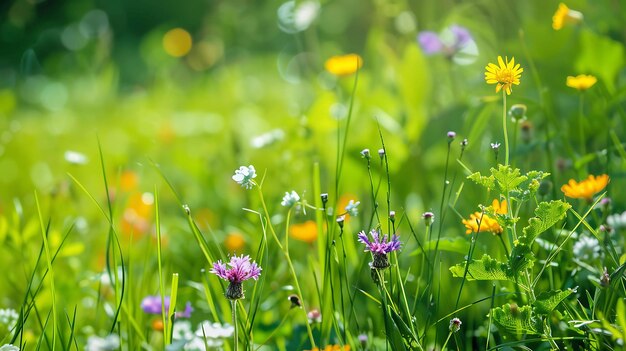 さまざまな野花で満たされた茂った緑の畑の美しい写真