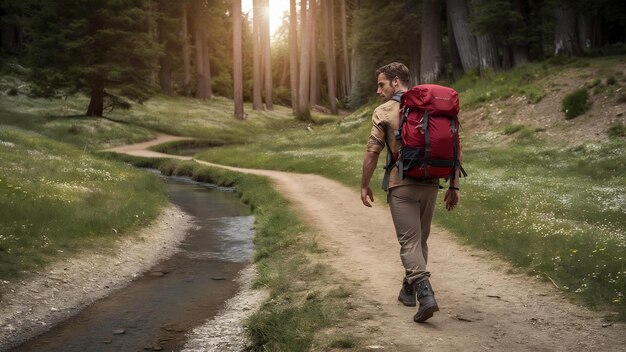 Beautiful shot of a male hiker with a red travel backpack walking on the path in the forest