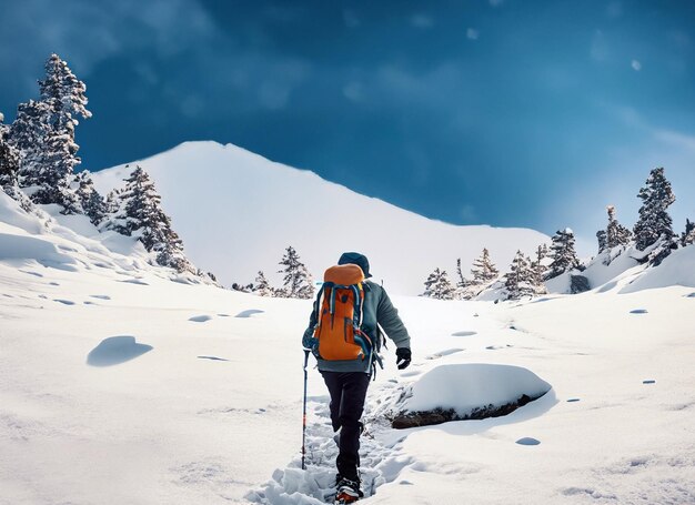 Photo beautiful shot of a male hiker with travel backpack hiking up a snowy mountain in winter