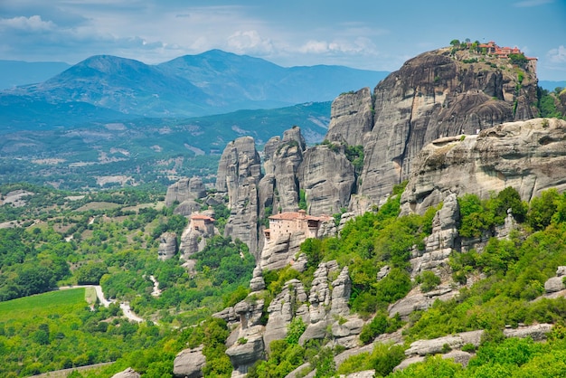 Beautiful shot of the Meteora rock formations on a sunny day in Greece
