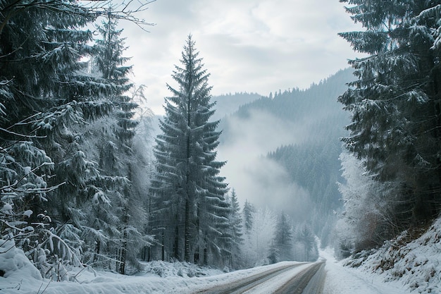 Beautiful shot of a misty day in a winter forest near a mountains