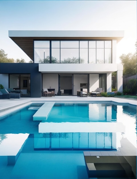 Красивый снимок современного дома с бассейном