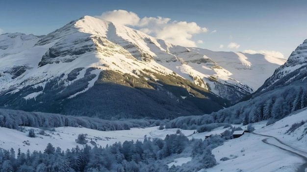 Красивый снимок горной местности, покрытой снегом и окруженной лесами