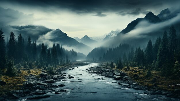 Beautiful shot of mountains and trees covered in snow and fog