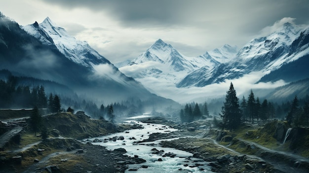 Beautiful shot of mountains and trees covered in snow and fog