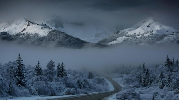 Beautiful shot of mountains and trees covered in snow and fog