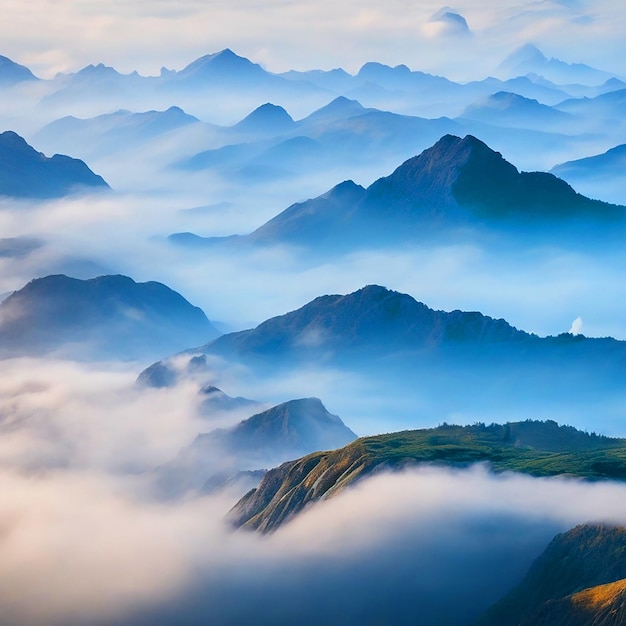Фото Прекрасный снимок высоких белых вершин холмов и гор, покрытых туманом.