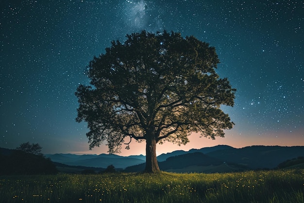 写真 背景に星空の夜空のある岩の山の美しいショット