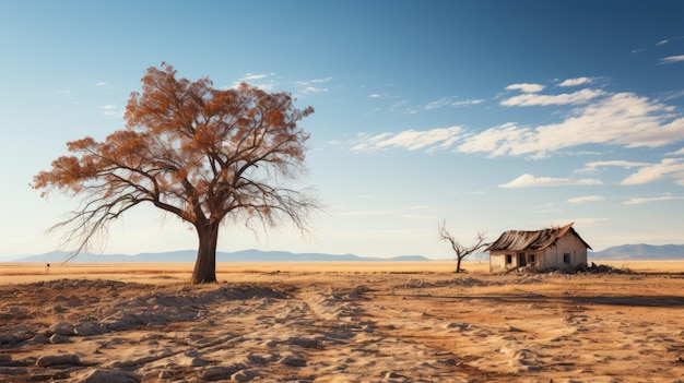 Красивый снимок старого заброшенного дома посреди пустыни возле мертвого безлистного дерева