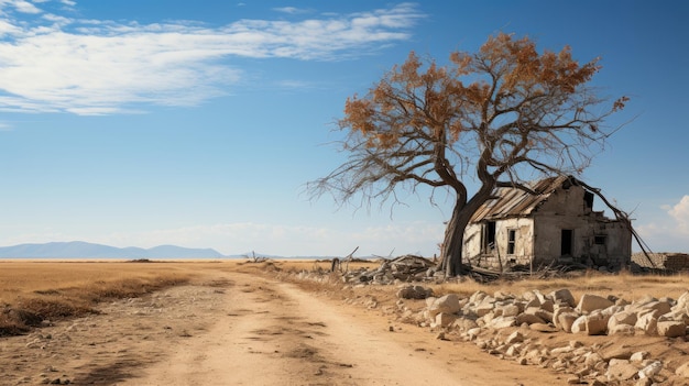 Beautiful shot of an old abandoned house in the middle of a desert near a dead leafless tree