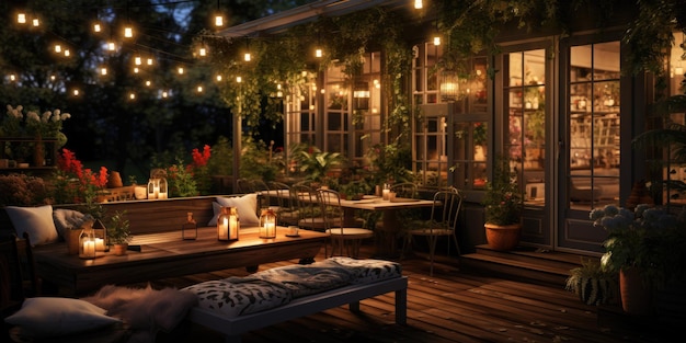 Beautiful shot of outdoor garden furniture at night flowers and lanterns Generative AI