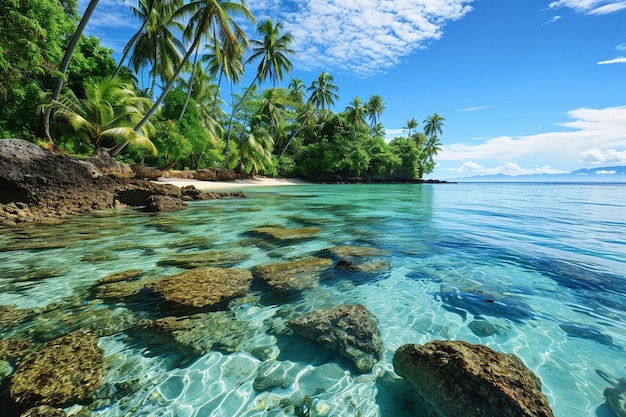 晴れた青い空のある熱帯の島のパームの美しい写真
