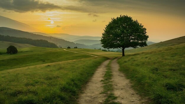 Beautiful shot of a path in the hills and an isolated tree under the yellow sky