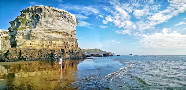 Beautiful shot of a person near a seascape taken in maukatia bay muriwai auckland