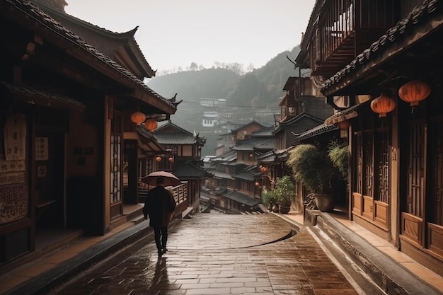Beautiful shot of a person walking by a tone pathway of a terrace in a chinese town