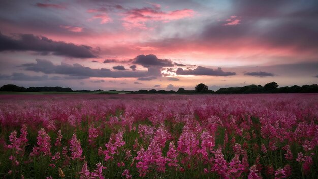 Beautiful shot of pink flower field under a cloudy sky