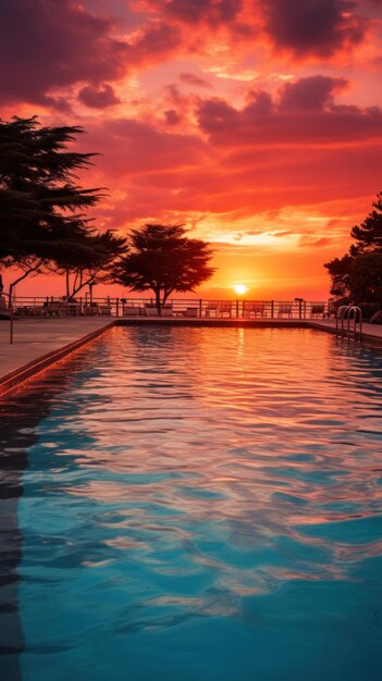 a beautiful shot of a pool at sunset with warm oranges and pinks reflecting off the water